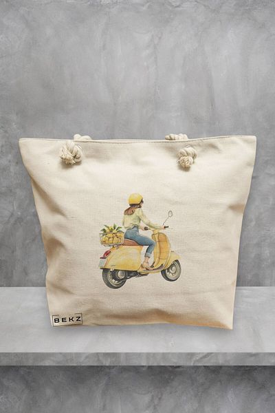 BEKZ Geanta de plaja, model The Lemon lady, 40x51 cm, Crem, BEKZ®