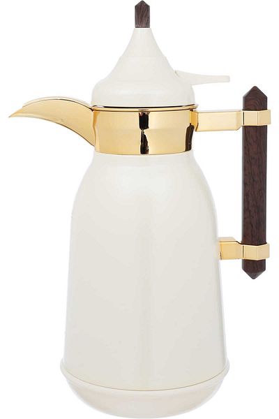 Alsaif Gallery Thermos, White, With A Gilded Font And A Wooden Handle, Two Pieces