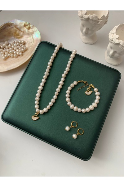 JOVİ ATELİER Sertifikalı Gerçek Doğal Beyaz Inci Kadın Bileklik Küpe Çelik Ba...