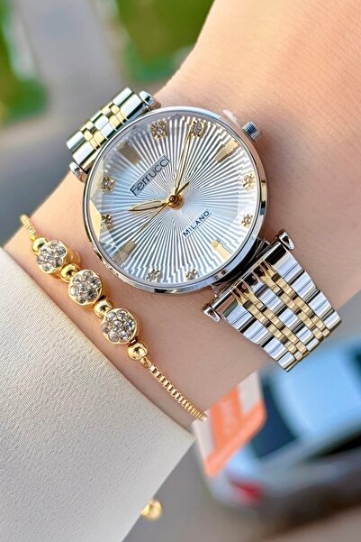 Ferrucci Gold Gümüş Renk Hediye Paketli Kadın Kol Saati ve Bileklik