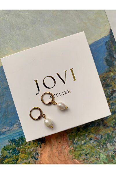 JOVİ ATELİER Sertifikalı Gerçek Büyük Arpa Inci Gold Renk Paslanmaz Çelik Halka Küpe