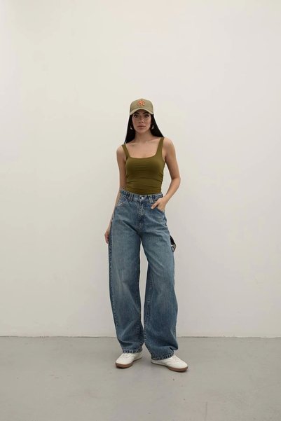 Harmony Tint Blue Premium Yıkamalı Kemerli Baggy Jeans