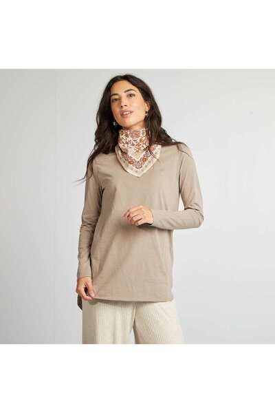 KIABI تي شيرت بأكمام طويلة وظهر أطول باللون البني