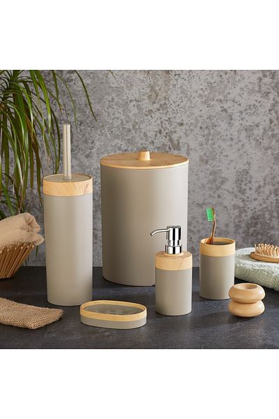 Se Yank Haus Set de baie din 5 piese cu aspect lemnos Coș de gunoi, suport pentru perie WC, suport pentru periuță de dinți, dozator de săpun solid, dozator de săpun lichid