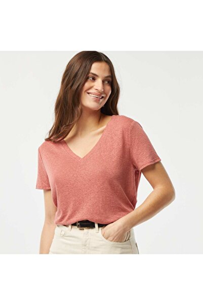 KIABI Basic linen-blend V-neck T-shirt PINK