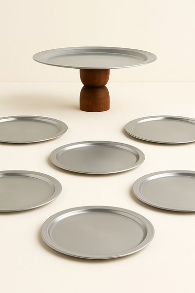 Mirilliahome 7 Piece Silver Plate Set, Wooden Leg Presentation Stand - Cake and Breakfast Plate - Dowry Set