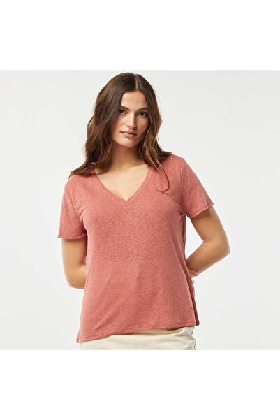 KIABI Basic linen-blend V-neck T-shirt PINK