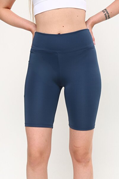 OPENDO Yüksek Bel Toparlayıcı Etki Kadın Cepli Bisikletçi Şort Tayt İndigo Mavi