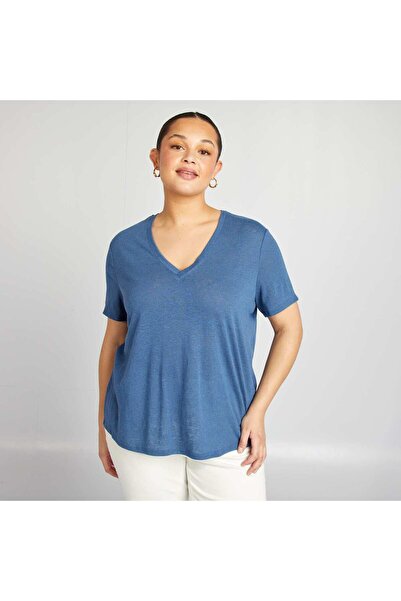 KIABI Linen blend V-neck T-shirt BLUE