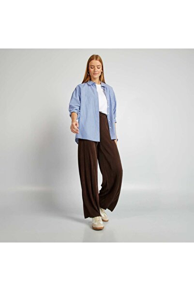 KIABI بنطلون واسع الساق من قماش محبوك مطوي باللون البني