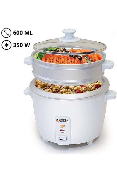 REFURA 2 in 1 Rice Cooker & Steamer 600 ML / Non-Stick Removable Bowl / Keep Warm Functionality / 35