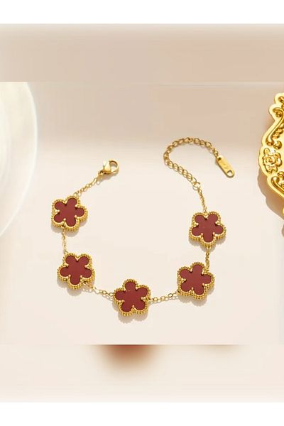 stainless steell Burgundy Color Clover Stone Bracelet - Gold Color Stainless Steel Luck Model