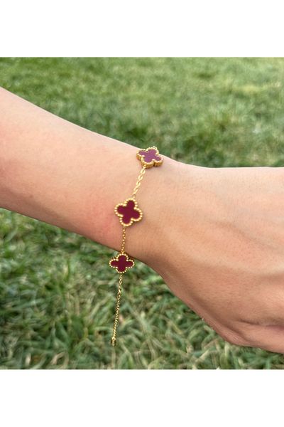 stainless steell Burgundy Color Clover Stone Bracelet - Gold Color Stainless Steel Luck Model