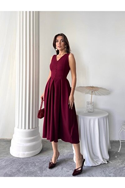 Afiş Butik فستان ميدي مطوي بأزرار على شكل حرف V باللون الأحمر الداكن