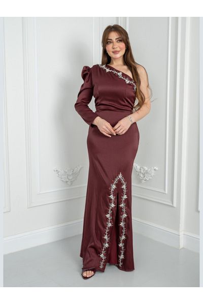 Nice Model Burgundy One Shoulder Embellished Evening Dress With Crystal Beading
