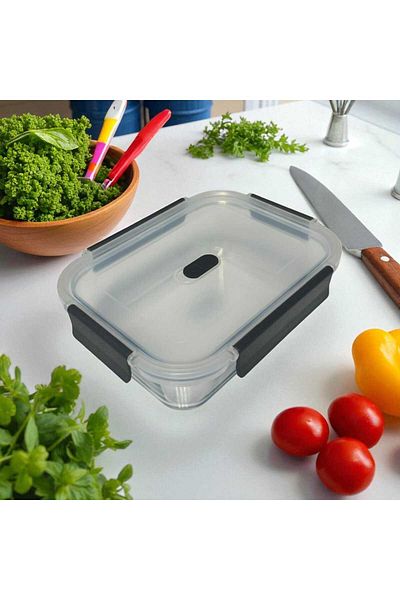 Noah 1000 ml Glass Storage Container (20 cm X 14.5 cm) - Borosilicate Heat Resistant - with Plastic Leak Proof Lid