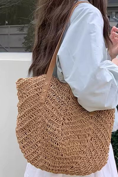 FASHION COCKTAIL Geantă de plajă din paie, cu un singur umăr, cu buzunar cu fermoar