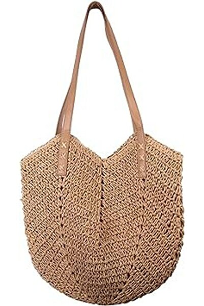 FASHION COCKTAIL Ψάθινη τσάντα παραλίας με δερμάτινο λουράκι μονής ώμου με επένδυση με τσέπη με φερμουάρ