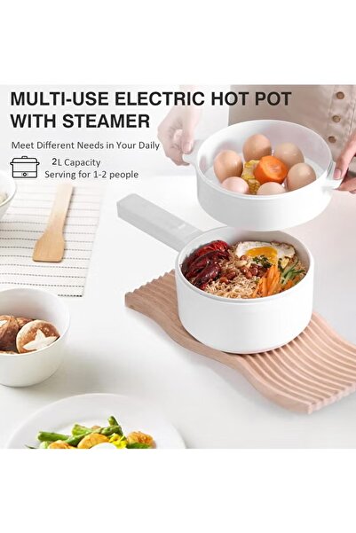 Primo Plus Electric Heating Pot 2L with Steamer and Temperature Control, Non-Stick Cooker, Electric Frying Pan,