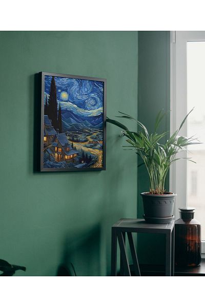 Arthopia Αφίσα Van Gogh And The Starry Nights Town με κορνίζα Υψηλής ποιότητας διακοσμητικό σχέδιο ζωγραφικής