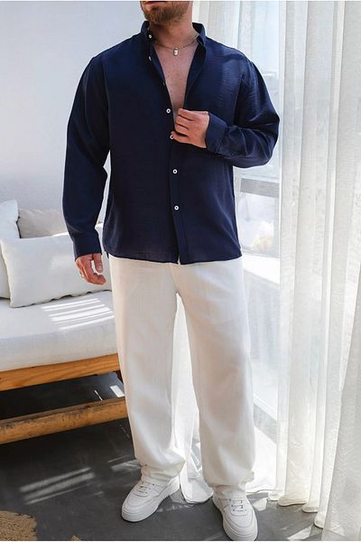 çerme Ανδρικό πουκάμισο με υφή από λινό Navy Blue Oversize