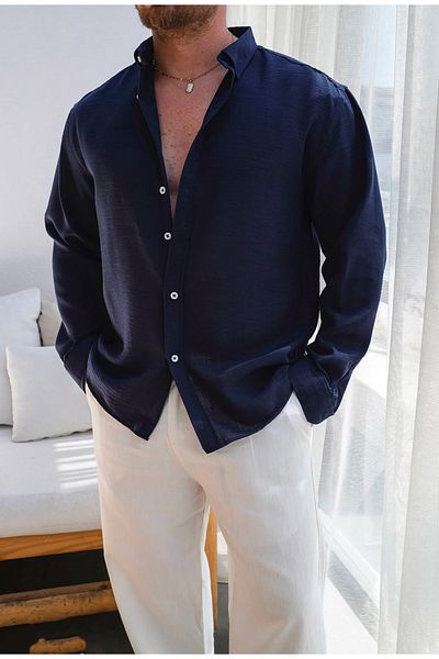 çerme Ανδρικό πουκάμισο με υφή από λινό Navy Blue Oversize