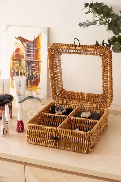 AVANTAGE HOME Mathilda - Rattan 4 Compartment Storage Box with Lid, Organizer, Organizer, Jewelry Box