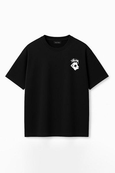 THE RULE Unisex Stüssy Playing Cards Printed Oversize 100% Cotton Wide Cut Textured Crew Neck T-Shirt Rf0524