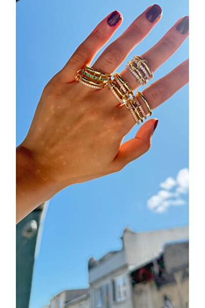 mercanjewelry Mix Renk 4'lü Zirkon Taşlı İç İçe Geçmeli Gold Halka Yüzük