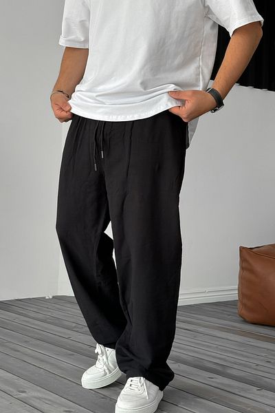 THE RULE Men's Linen Baggy Loose Cut Straight Leg Casual Summer Black Trousers New Season