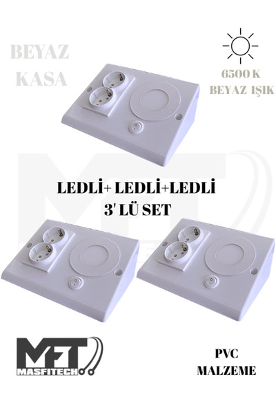 Masfitech Dolap & Tezgah Altı Prizli Aydınlatma 3 Watt 6500k beyaz ışık (3 ADET)
