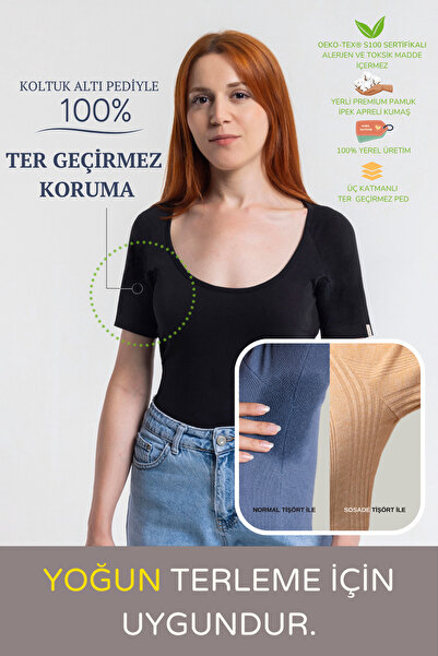 sosade Dar Kesim Geniş Yaka Tişört ·100% Ter Geçirmez Koltuk Altı Pedli- Koku...