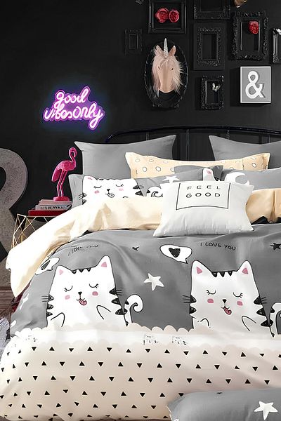 İQON Grey Single Cute Cats - Set cuvertură de pilota elastică