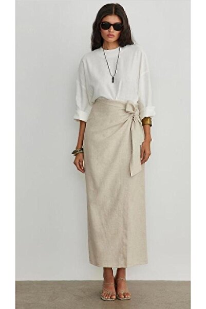 bayan sosyete Keten Karışımlı Yandan Bağlamalı Etek