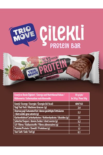 TrioMove Protein Bar - Strawberry and Milk Chocolate, 33% Protein, 50 g X 9 Pieces