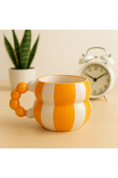 İZart Laminated Beaded Handle Orange Stripe Patterned Hand Embroidered Ceramic Mug