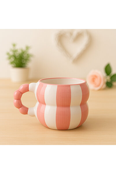 İZart كوب سيراميك مطرز يدويًا بمقبض من الخرز الوردي