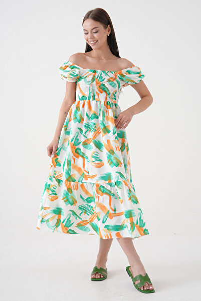 vuvutasarım New Season Poplin Fabric Patterned Off-the-shoulder Short Sleeve Summer Dress 5525