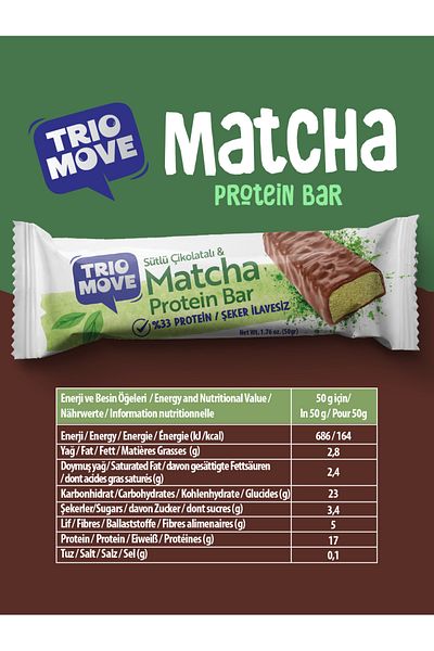 TrioMove Protein Bar - Matcha and Milk Chocolate, 33% Protein, 50 g X 9 Units