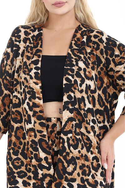 şuranur Leopard Kimono Cardigan 2-Piece Bottom Top Set Twisted Fabric Summer 2Xl-6Xl Oversize