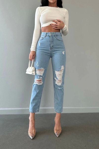 Harmony Premium Ripped Detail Blue Mom Jeans