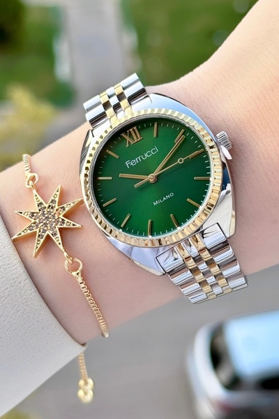 Ferrucci Kadranı Yeşil Kordonu Gold Gümüş Renk Kadın Kol Saati ve Bileklik