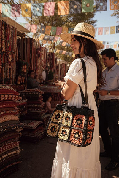 Zuviel Deco Handmade El yapımı örgü motif desenli astarlı hasır çanta