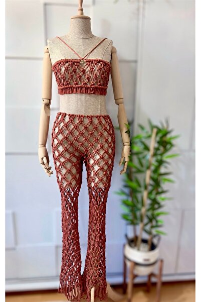 Zuviel Deco El yapımı makrome file büstiyer pantolon takım, plaj kıyafeti, pareo