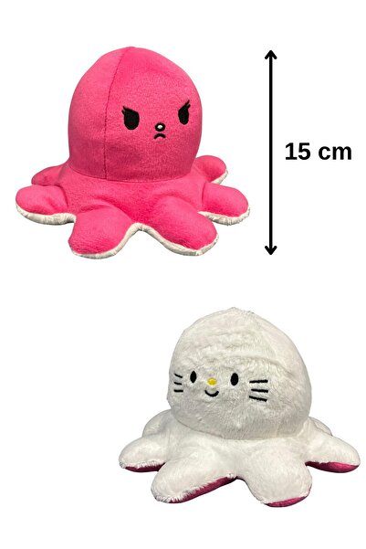 eco sepet Mood Çift Taraflı Gülen - Sinirli Ahtapot Peluş 15 Cm Turuncu - Beyaz