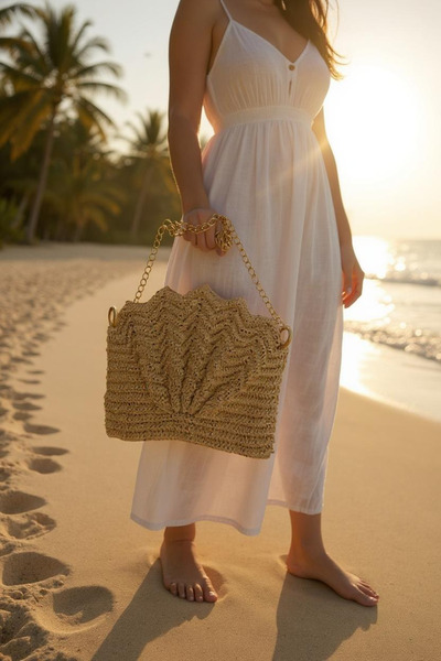 Zuviel Deco Handmade 30x25 Hasır Deniz Kabuğu Görünümlü Örgü Çanta