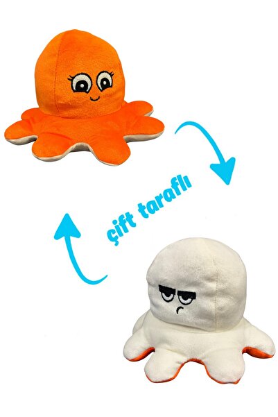 eco sepet Mood Çift Taraflı Gülen - Sinirli Ahtapot Peluş 15 Cm Turuncu - Beyaz