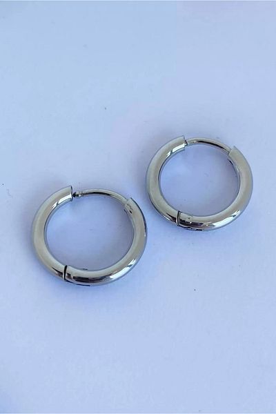 TAYEM Steel Hoop Earrings, Silver Color Medium Size Unisex (Pair)