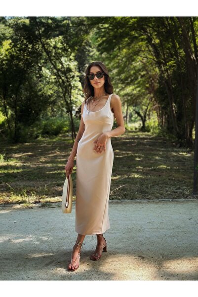 NK Beige Strap Slit Detail Pencil Dress