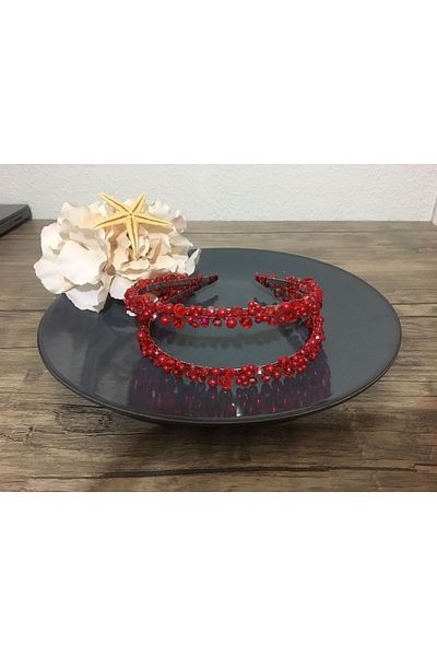 Yumak Dekor Grup Bridal Crown Red Double Crystal Jewelled Pearl Elegant Stylish Wedding Henna Engagement Maternity Crown Hair Accessory